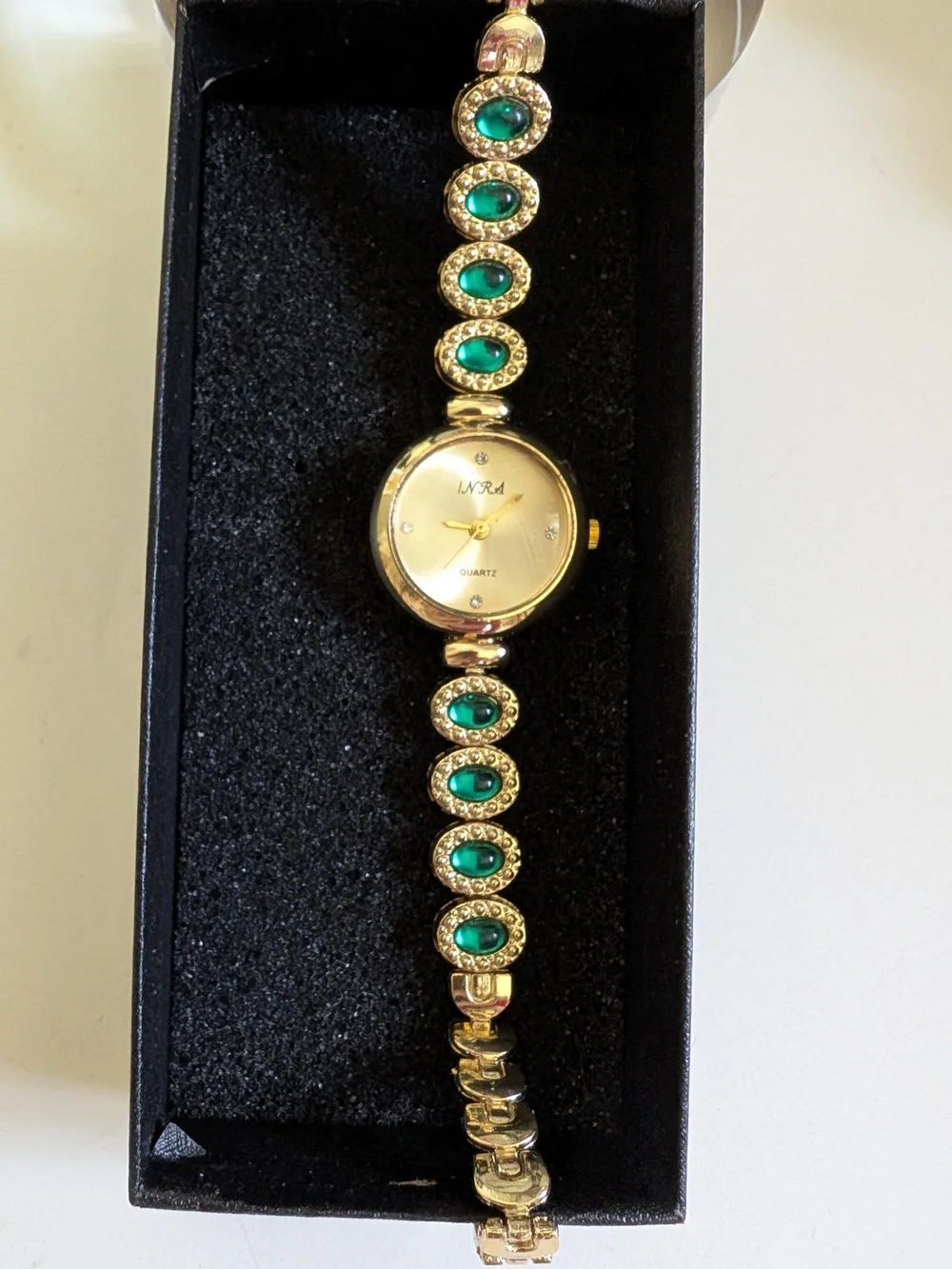 INRA Women’s Green Rhinestone Bracelet Quartz Watch Vintage Gold Tone